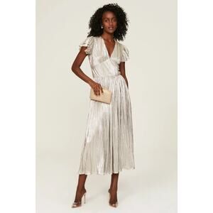 Shoshanna Hera Plisse Metallic Pleated Short Sleeve V-Neck Maxi Dress Size 6